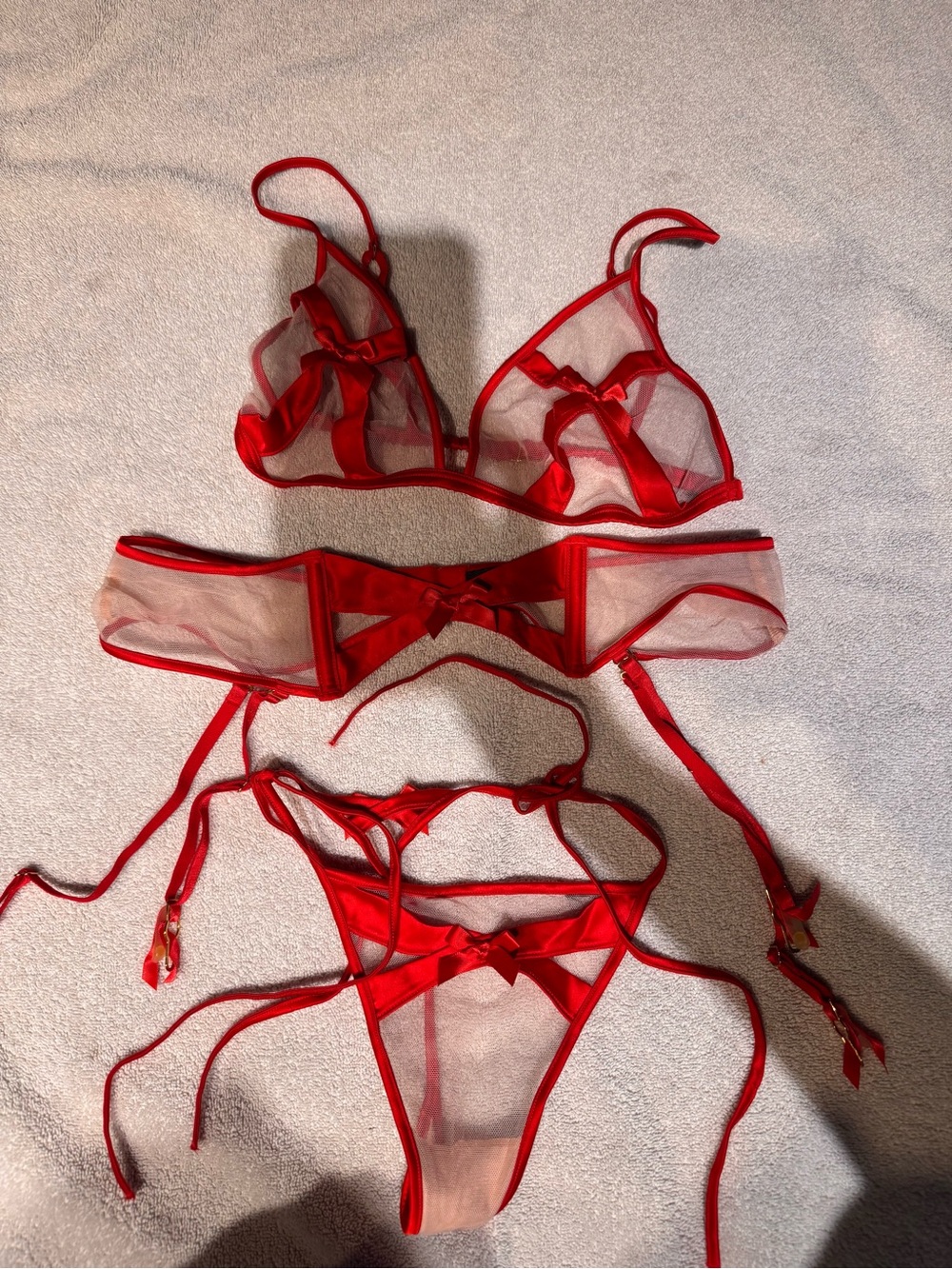 Victoria's Secret Red Sheer Mesh Three-Piece Set